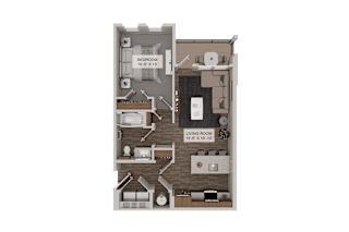 A diagram of a house layout with a living room, bedroom, and bathroom.