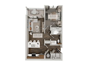A diagram of a two-bedroom apartment with a living room, kitchen, and bathroom.
