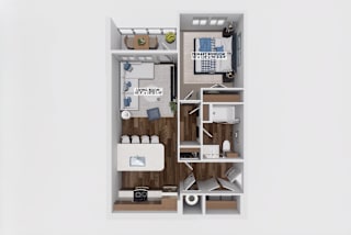 One bedroom apartment 3D floor plan with balcony at The Maverick Luxury Apartments, Colorado, 80132
