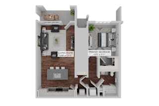 A floor plan of a two bedroom apartment with a living room, kitchen and bathroom.at Rockledge Apartments, Florida