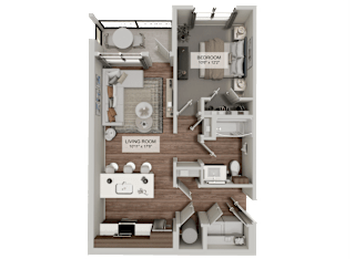 A 3D floor plan of a living room and bedroom.