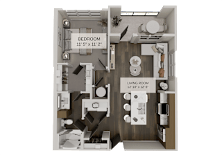 A 3D rendered image of a small apartment layout with a bedroom and living room.