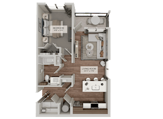 A detailed 3D floor plan of a bedroom and living room apartment.