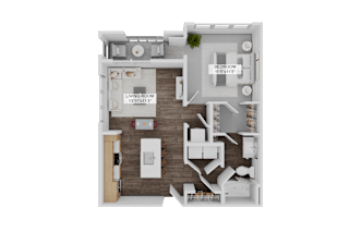 A 3D rendered image of a house layout with a living room, kitchen, and bedroom.