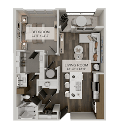 One bedroom apartment floor plan top view at The Residences at The Gilmore Apartments, Gilbert, AZ 85297