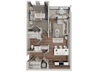 A 3D floor plan of a house showing a bedroom and a living room.