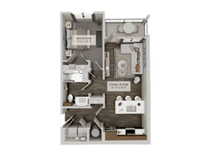 A 3D floor plan of a small apartment with a living room, bedroom, and kitchen.