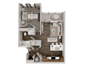 A 3D floor plan of a bedroom and living room.