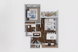One bedroom 3D floor plan with living and dining areas at The Maverick Luxury Apartments, Monument, CO