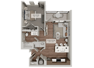 A 3D floor plan of a small apartment with a bedroom and living room.