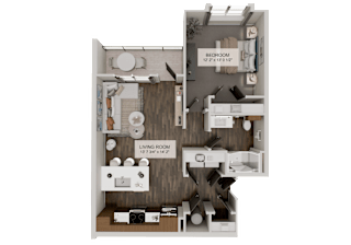 A diagram of a small apartment with a bedroom and living room.