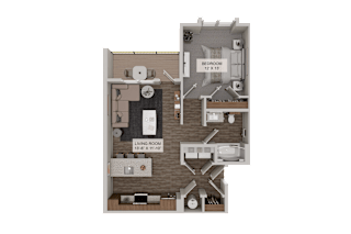 A 3D floor plan of a small apartment with a living room, kitchen, and bedroom.