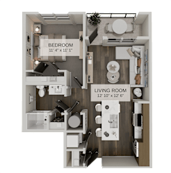 One bedroom floor plan with open kitchen and living room at The Residences at The Gilmore Apartments, Gilbert