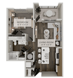 3D floor plan featuring island kitchen and breakfast nook at The Residences at The Gilmore Apartments, Arizona