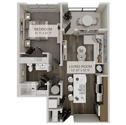 One bedroom apartment layout with combined living and dining at The Residences at The Gilmore Apartments, Gilbert, AZ 85297