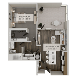 Studio floor plan with separate bedroom and open living space at The Residences at The Gilmore Apartments, Gilbert, AZ