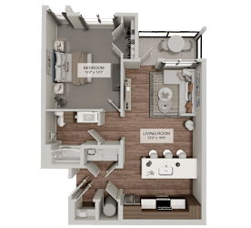 A 3D floor plan of a small apartment with a bedroom and living room.