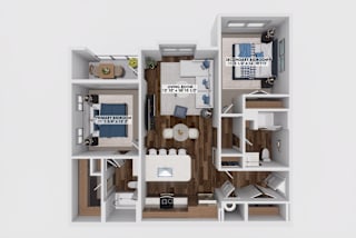 Two bedroom 3D floor plan with open concept living at The Maverick Luxury Apartments, Monument, 80132
