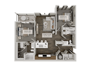A 3D rendered image of a house layout with a living room, dining room, kitchen, and two bedrooms.