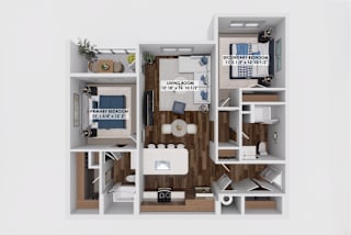 Two bedroom two bath 3D floor plan layout at The Maverick Luxury Apartments, Monument, Colorado