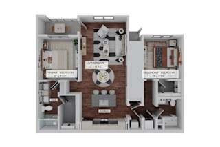 A diagram of a house layout with a living room, kitchen, and two bedrooms.at Rockledge Apartments, Florida