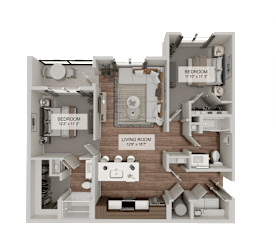A 3D floor plan of a house showing a living room, two bedrooms, and a bathroom.