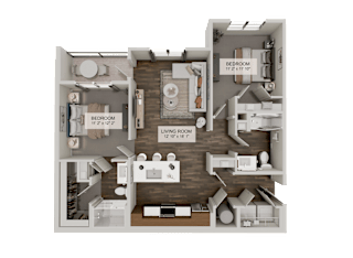 A 3D rendered image of a small apartment layout with a living room, kitchen, and bedroom.