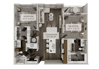 A 3D rendered image of a house layout with three bedrooms and a living room.