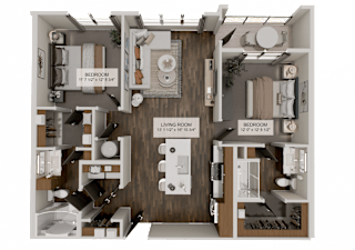 A detailed 3D floor plan of a two-bedroom apartment.