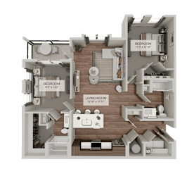 A 3D floor plan of a house showing a living room, two bedrooms, and a kitchen.