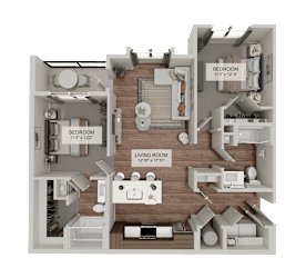 A 3D floor plan of a home showing a living room, dining room, kitchen, and two bedrooms.