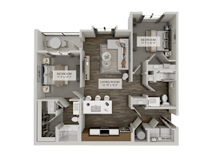 A 11' x 12' living room with a kitchen, dining room, and two bedrooms.