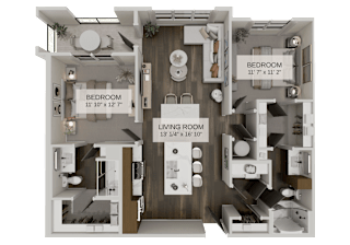 A diagram of a house layout with three bedrooms and a living room.