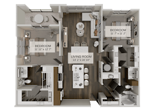 A 3D floor plan of a small apartment with a living room, two bedrooms, and a kitchen.