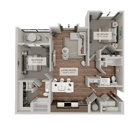 A 3D rendered image of a house layout with two bedrooms and a living room.
