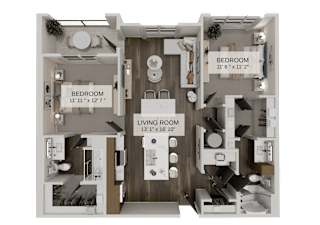 Two bedroom floor plan with dual bathrooms at The Residences at The Gilmore Apartments, Gilbert, 85297