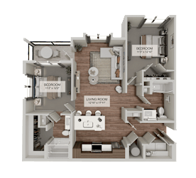 A 3D rendered image of a house layout with a living room, two bedrooms, and a kitchen.