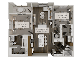 A 3D floor plan of a house showing two bedrooms and a living room.