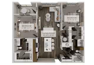 A floor plan of a living space with two bedrooms and a living room.