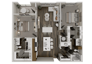 A detailed 3D floor plan of a modern apartment layout.