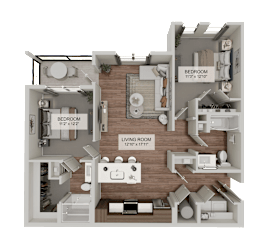 A 3D diagram of a house layout with a living room, kitchen, and two bedrooms.