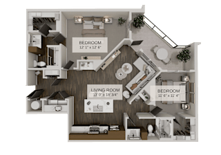 A 3D rendered image of a house layout with two bedrooms and a living room.