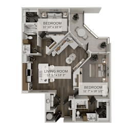 Two bedroom floor plan with balcony and dual bathrooms at The Residences at The Gilmore Apartments, Gilbert, Arizona