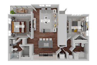 A 3D floor plan of a house with a living room, kitchen, and two bedrooms.