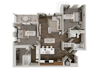 A 3D rendered image of a house layout with a living room, kitchen, and bedroom.