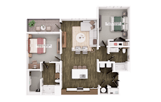 2D floor plan with two bedrooms and open living area at The Logan Luxury Apartments, Nampa