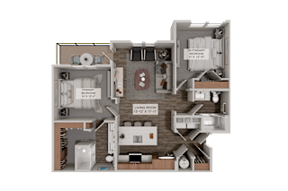A 3D rendered image of a house layout with labeled rooms.