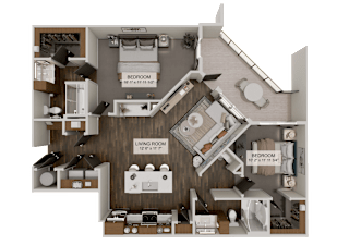 A 3D rendered image of a house layout with two bedrooms, a living room, and a kitchen.