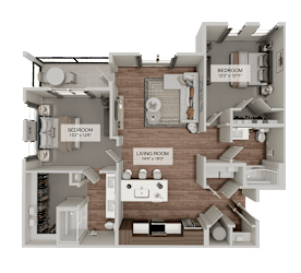 A 3D rendered image of a house layout with two bedrooms and a living room.