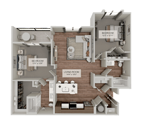 A 3D rendered image of a house layout with two bedrooms, a living room, and a kitchen.